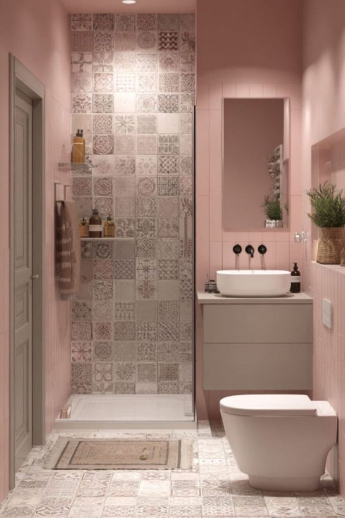 Pink quartz small romantic bathroom style.