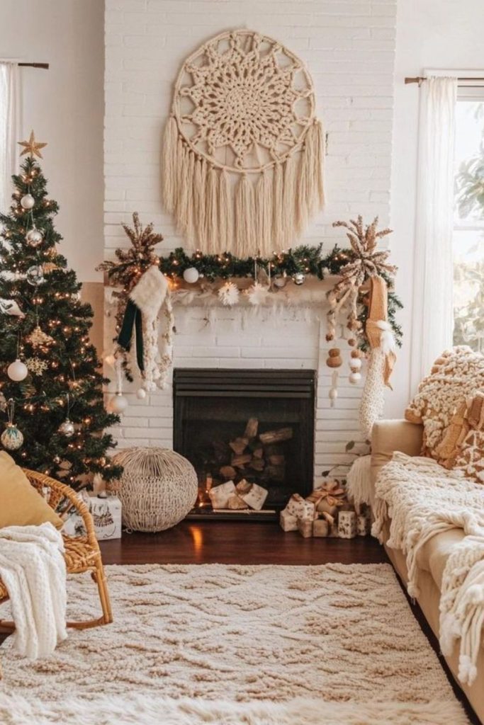 Bohemian Christmas room with macrame details