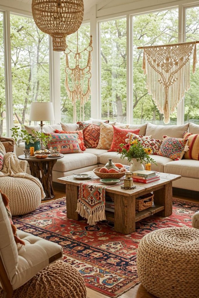 Copper-accented bohemian sunlit den.