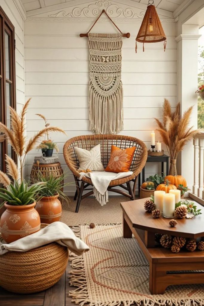 Boho fall porch with macramé decor.