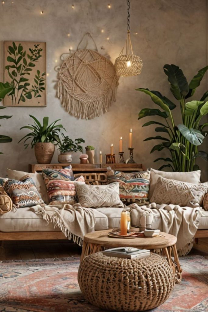 Bohemian earthy layered artistic retreat.
