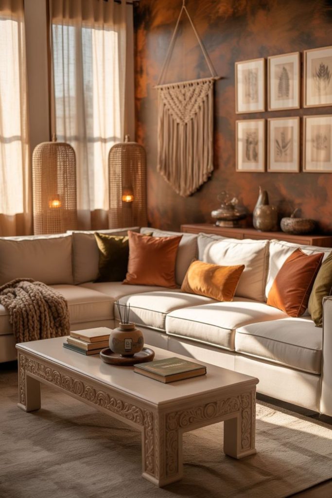 Boho living room with warm textures.