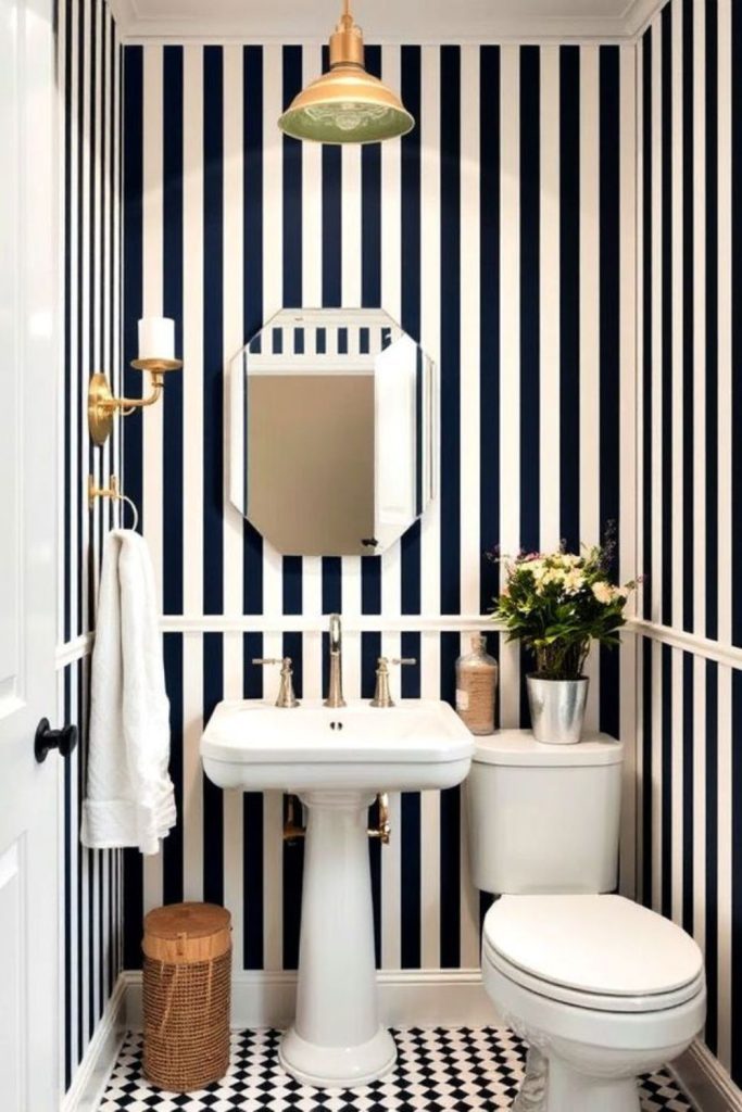 Bold striped black and white bathroom.