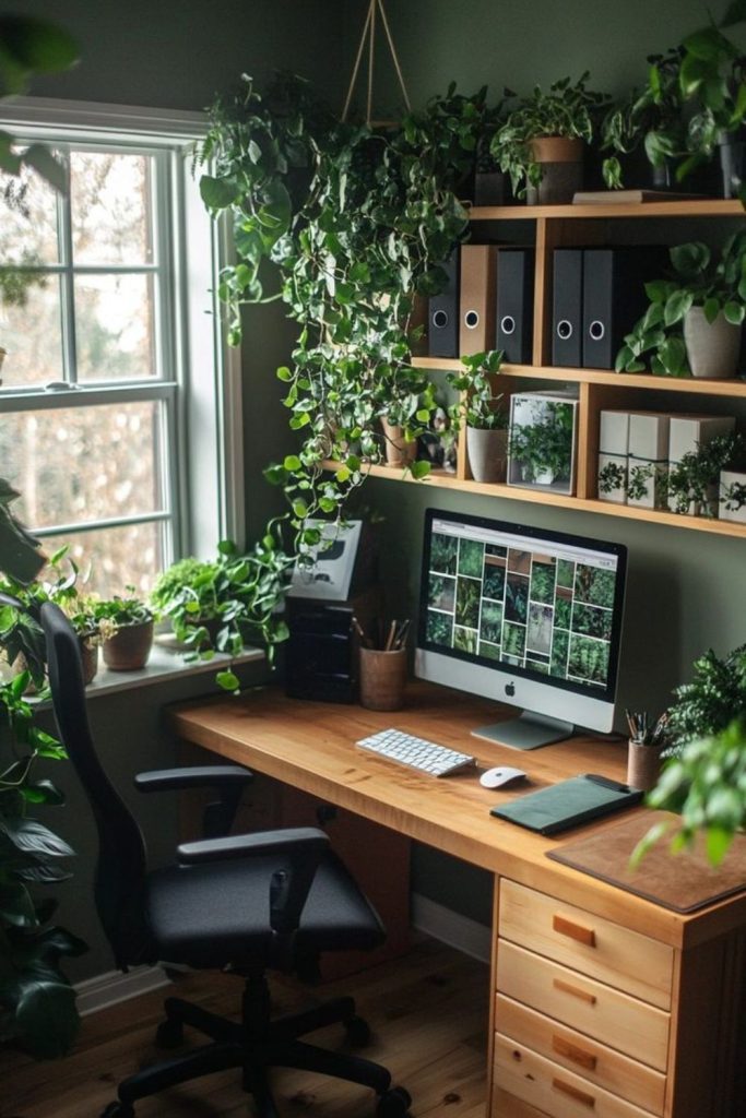 Lush botanical home office jungle space