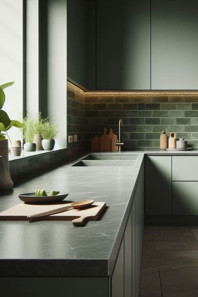 Concrete and greenery fusion kitchen look.