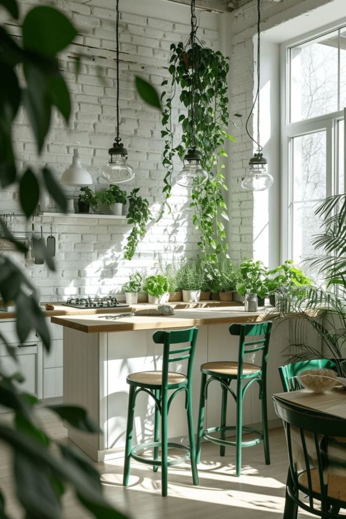 Botanical green kitchen filled with plants.