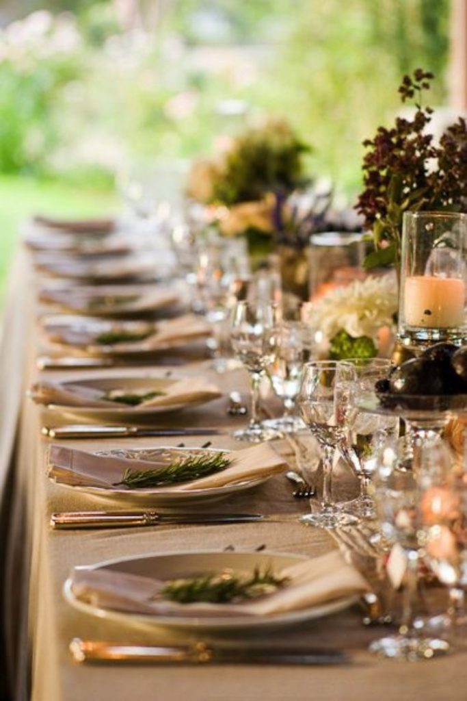 Burlap woodland rustic forest table.