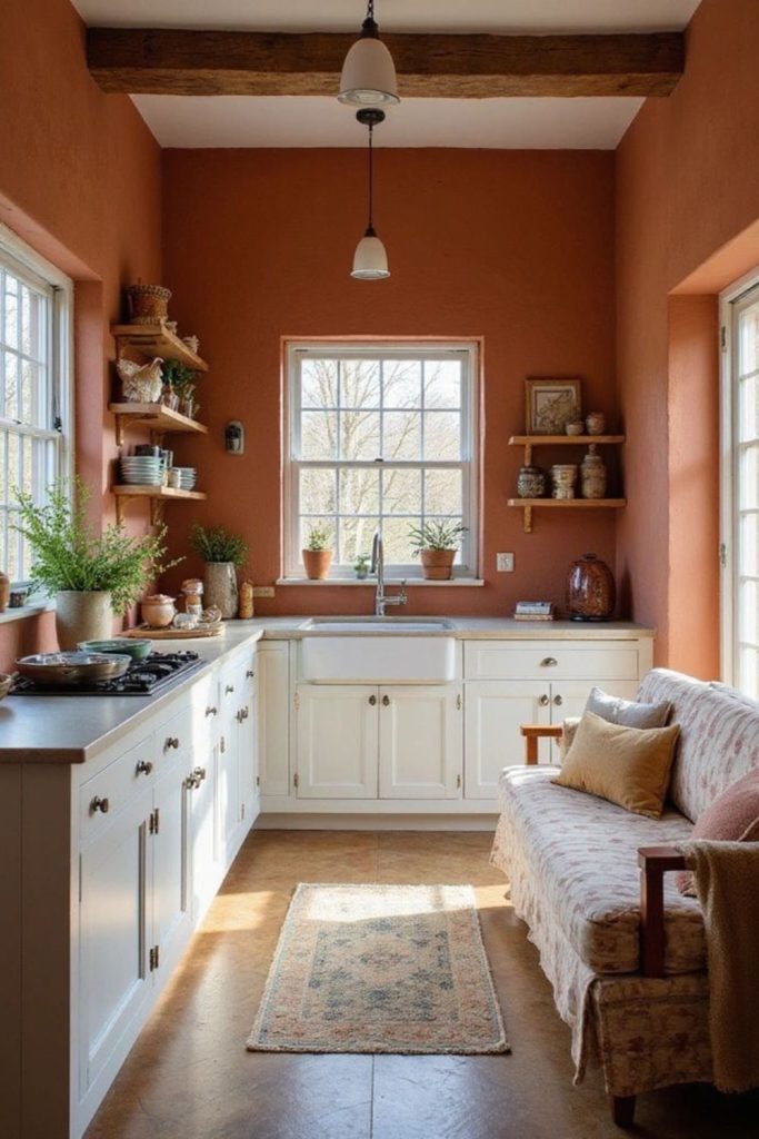 Terracotta rustic urban farmhouse kitchen decor.