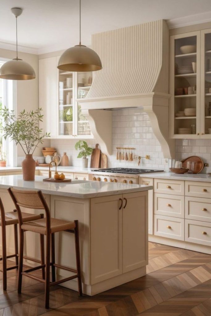 Buttermilk cream kitchen with brass glow.