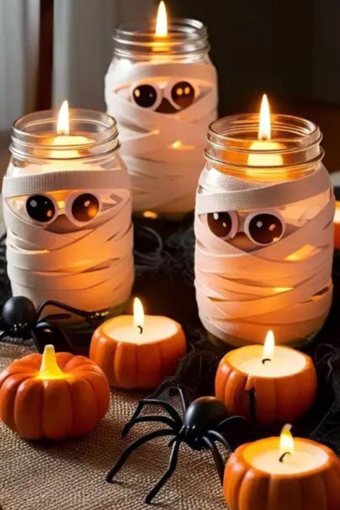 Mummy-wrapped candle jars glowing softly.