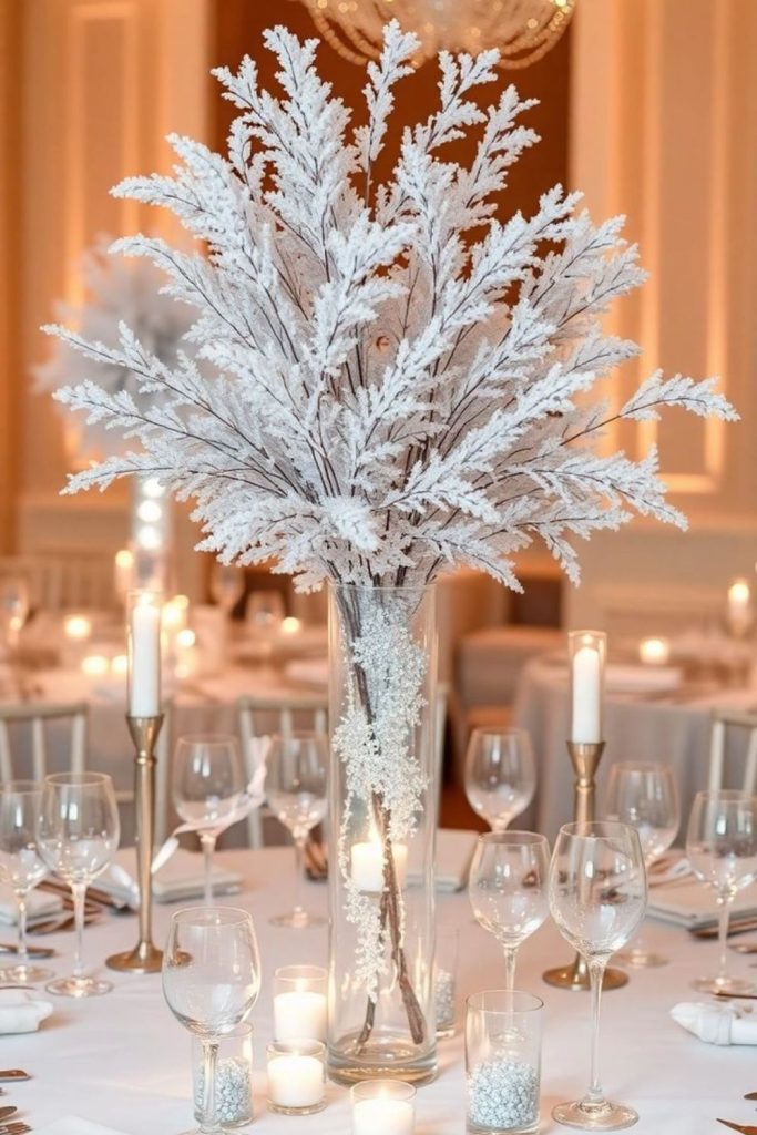 Romantic frosted candlelit winter table.