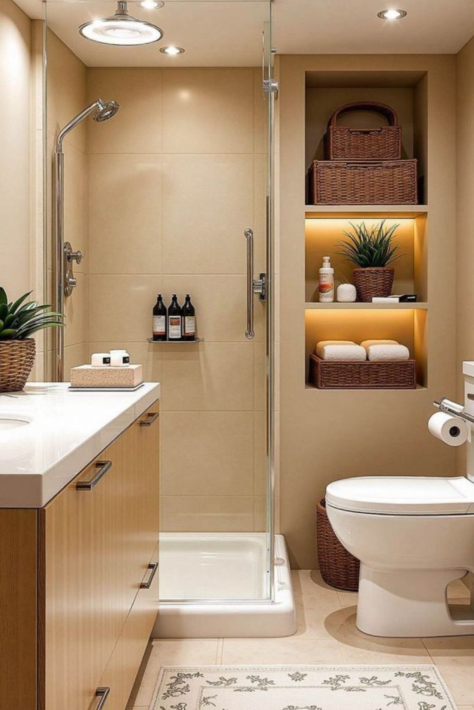 Candlelit pebble spa-inspired tiny bathroom.