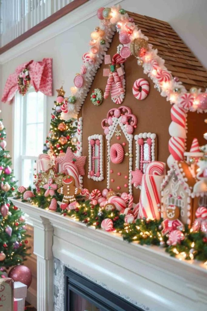 Candy cottage pastel gingerbread Christmas decor.