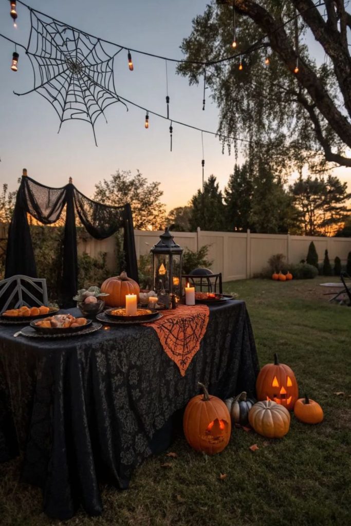 Creepy dinner table with glowing pumpkin