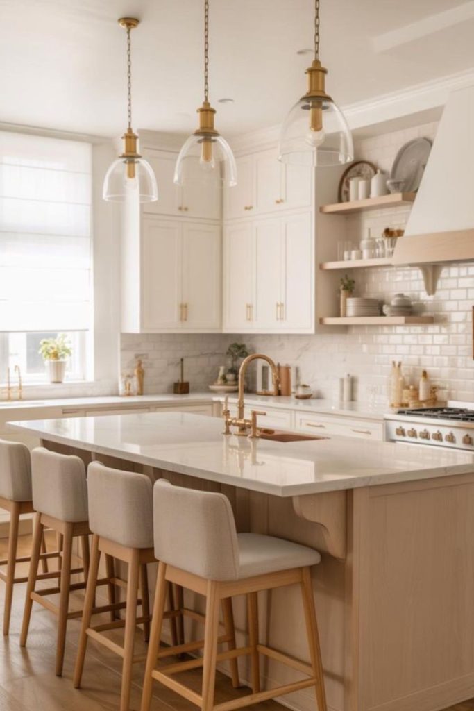 Caramel kitchen with golden lighting.