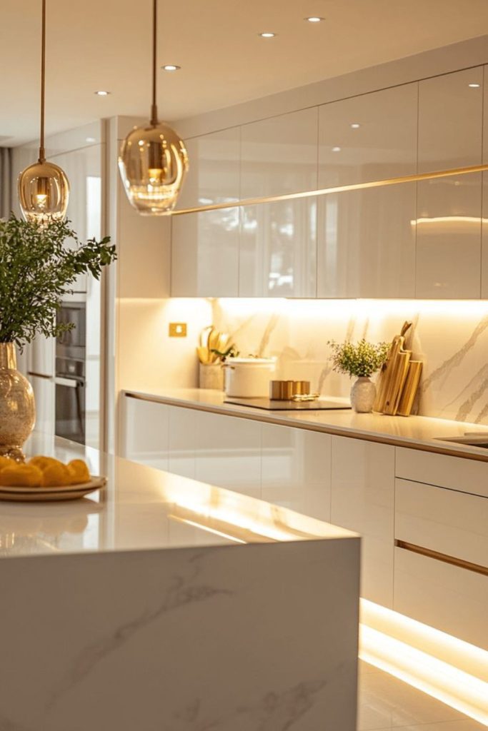 Champagne gold kitchen with crystal lighting.