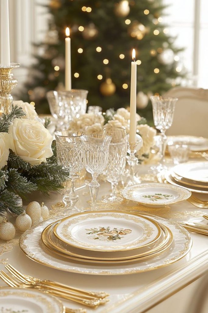 Glamorous champagne gold winter tablescape.