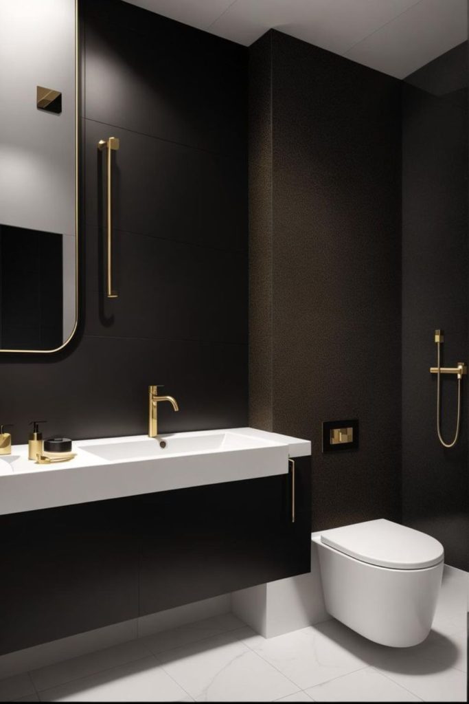 Charcoal glowing bathroom with gold lights.