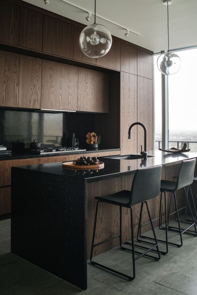 Charred oak elegant dark modern kitchen.