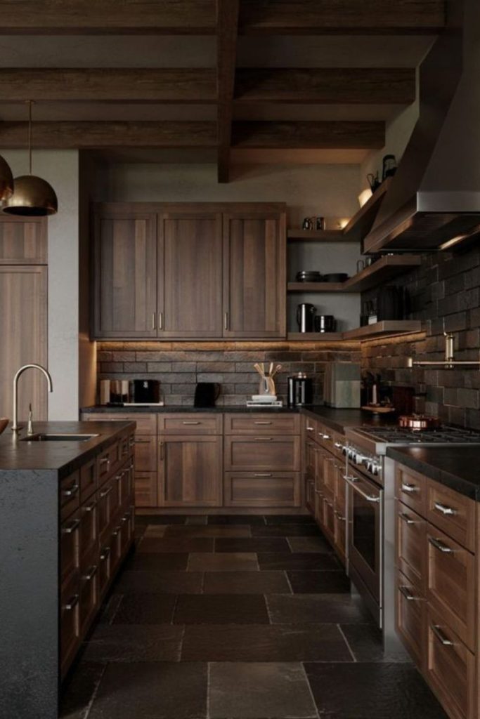 Charred wood kitchen with marble top.