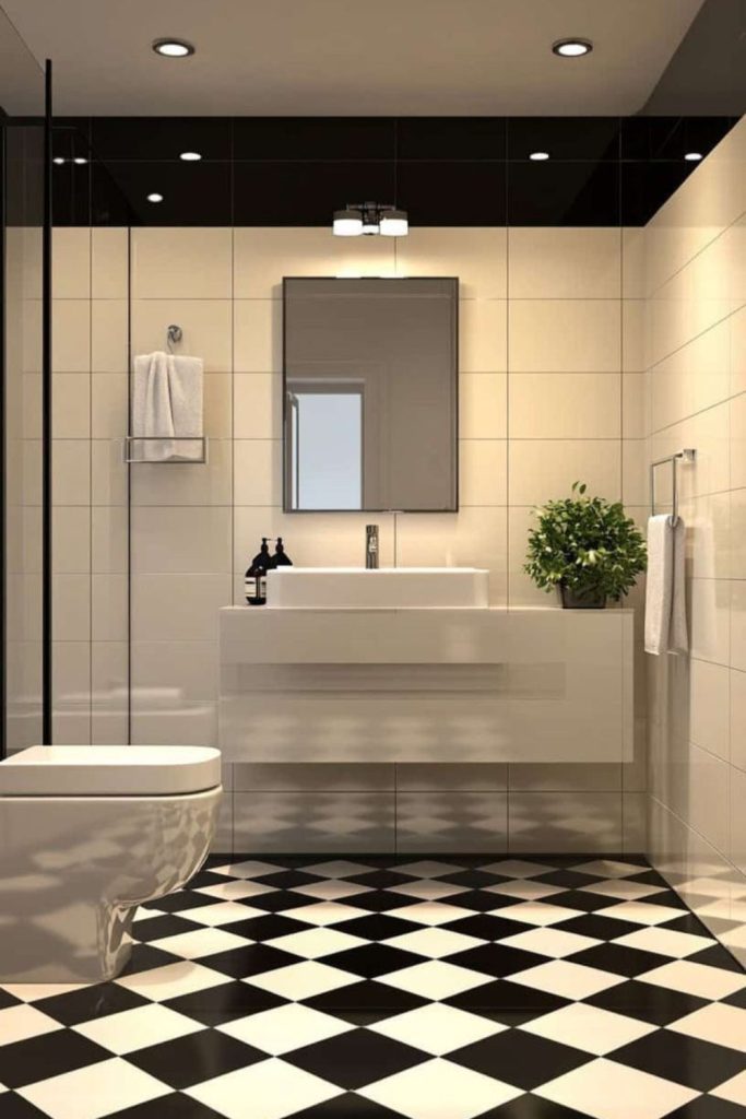 Classic checkerboard bathroom with chandelier lighting.