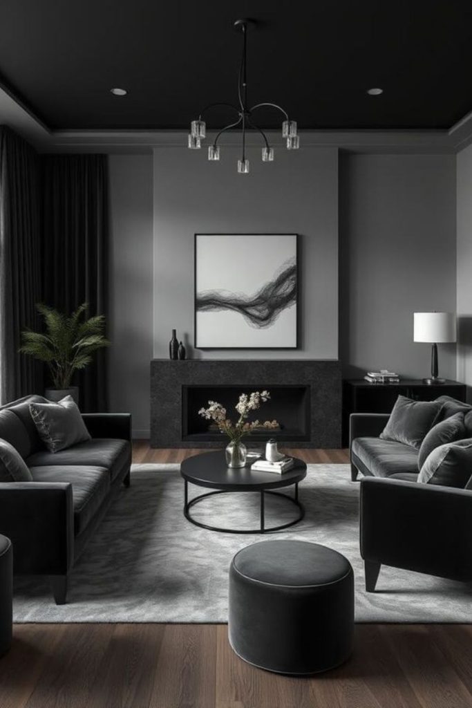 Charcoal-toned smoky cinderlight interior space.