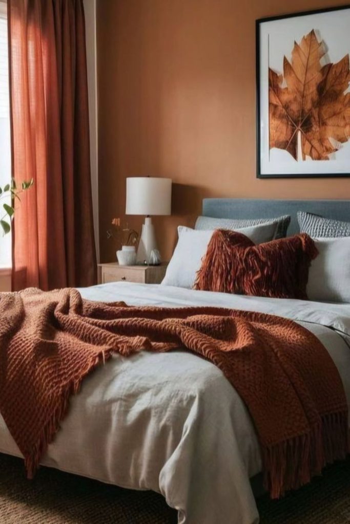 Warm cinnamon drift-inspired bedroom.