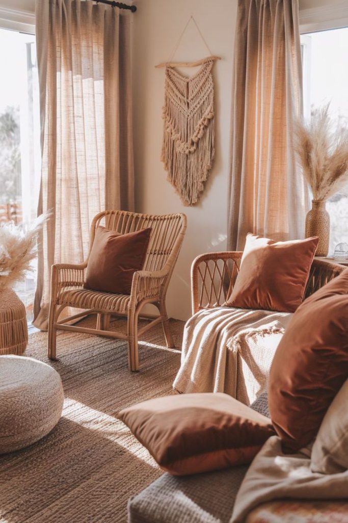 Cinnamon-toned relaxed boho lounge.