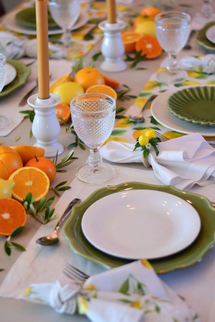 Citrus grove vibrant fruit table decor.