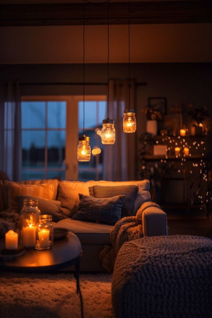 Clay candlelit rustic interior glowing warmly.