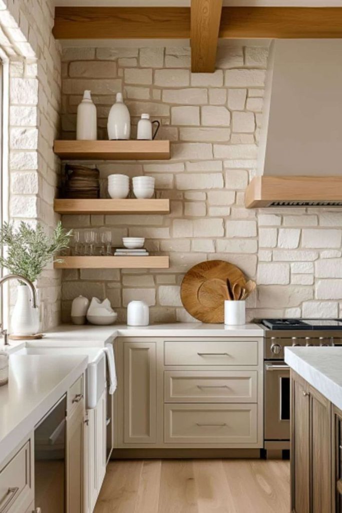 Clay-colored kitchen with marble counter.