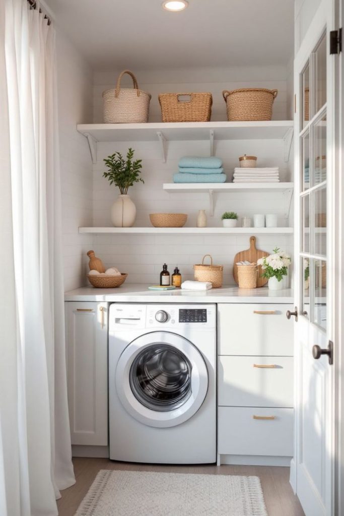 Cloud pale airy laundry cupboard space.