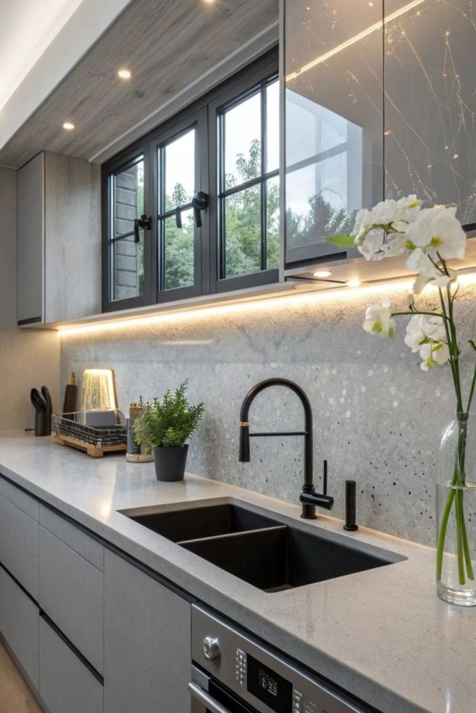 Gray modern kitchen with frosted glass.