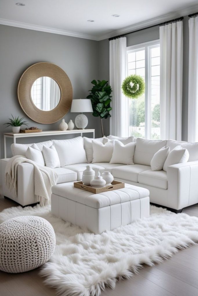Cloudy white velvet serene living room.