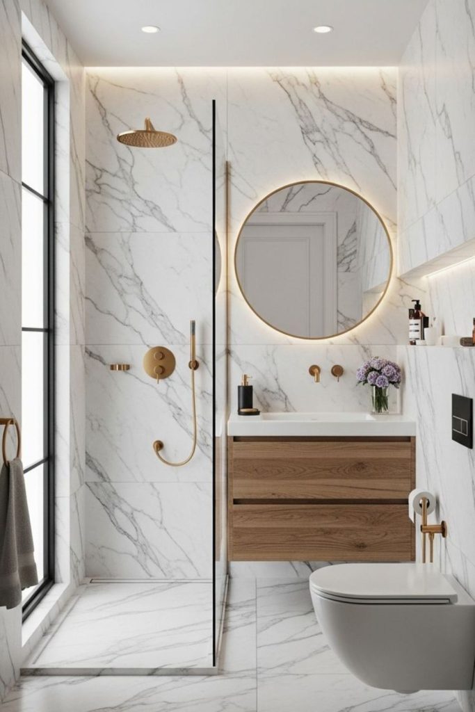 White serene compact bathroom with marble.