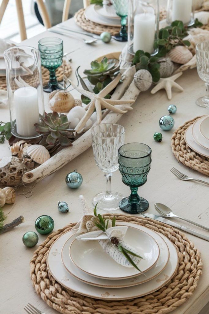 Coastal clay and coral centerpiece decor.
