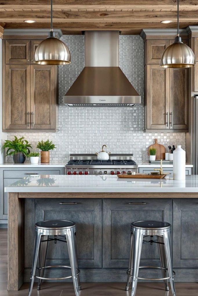 Coastal driftwood kitchen with sea hues.
