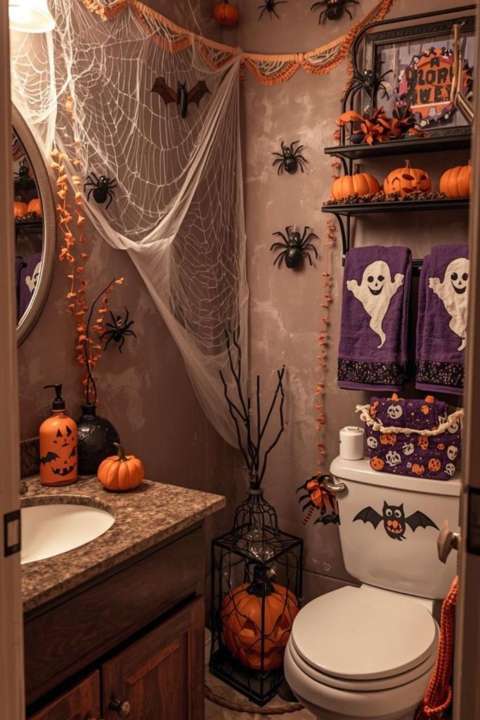 Cobwebs and cauldron-themed Halloween bathroom decor.
