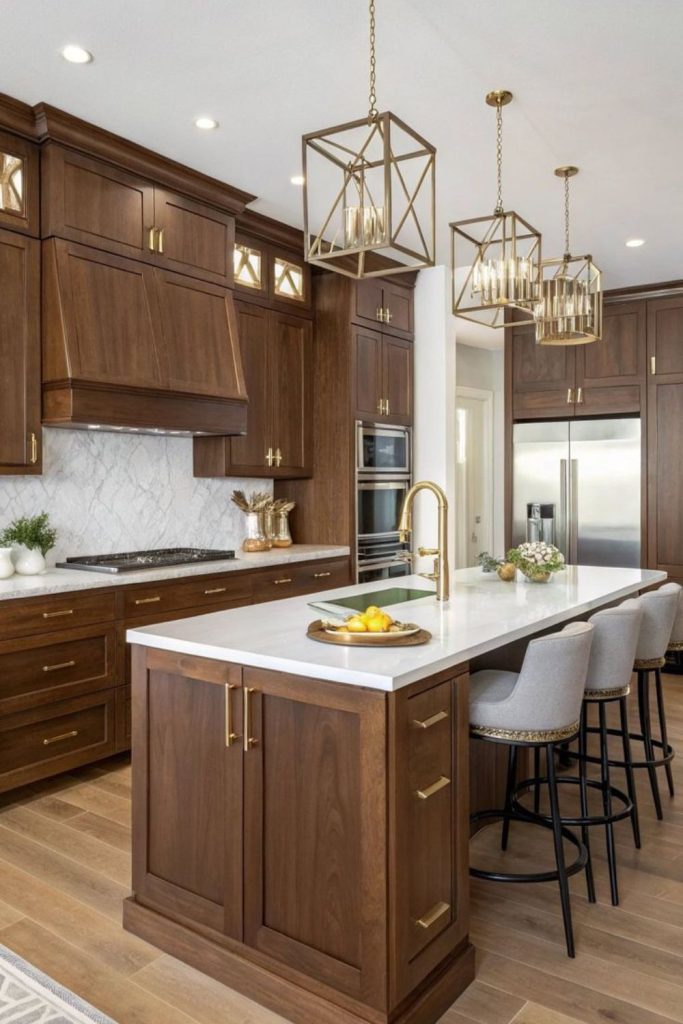Cocoa brown kitchen with brass accents.