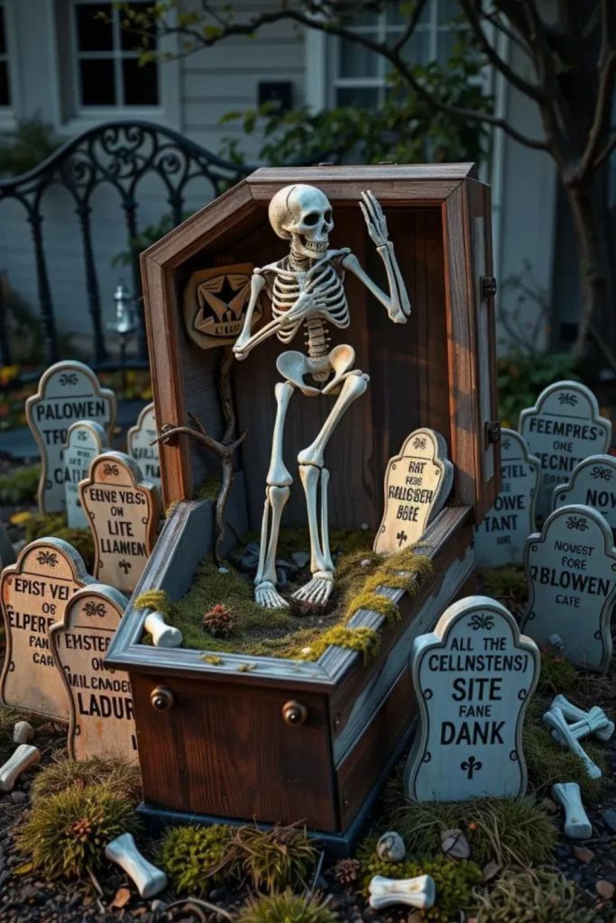 Creepy coffin with escaping zombie mannequin