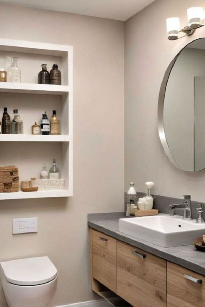 Compact floating drawers under mirror.