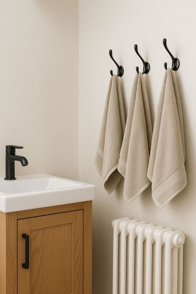 Horizontal wall hooks for towels.