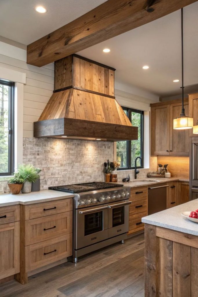 Copper beam rustic modern kitchen design.
