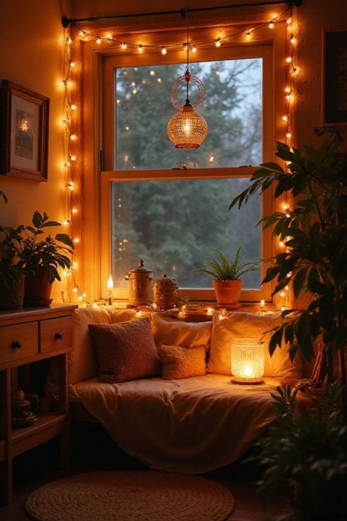 Copper-accented rustic room with warm light.