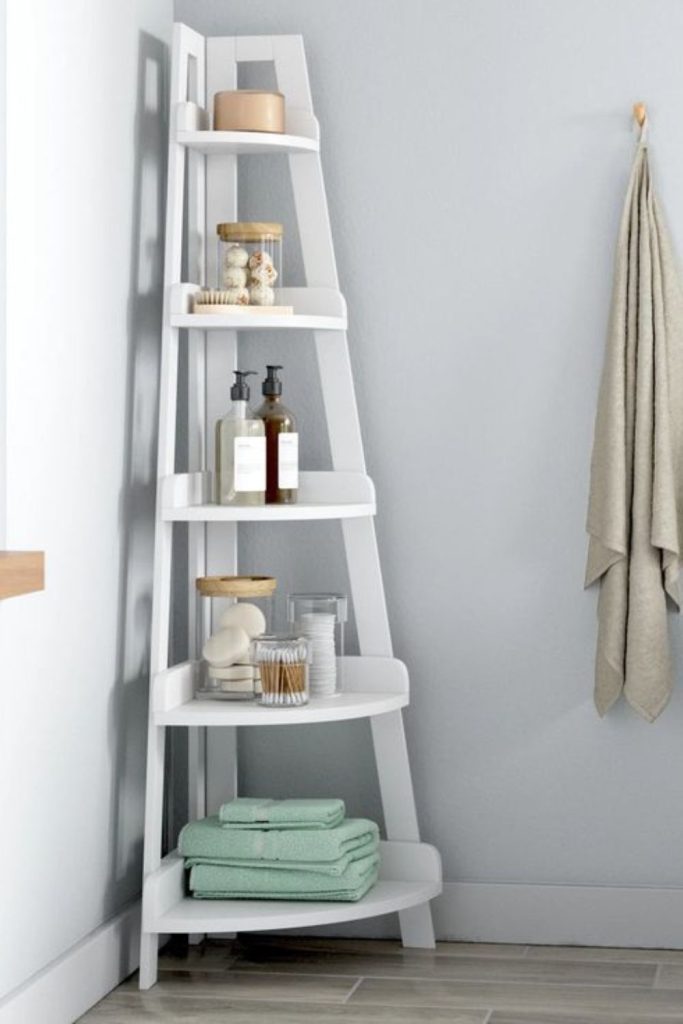 Corner tiered bathroom wall shelves.