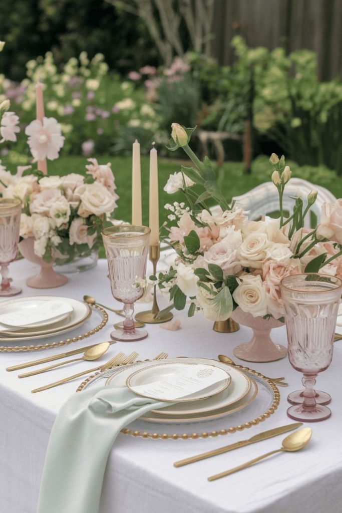 Cottage bloom pastel floral tablescape.