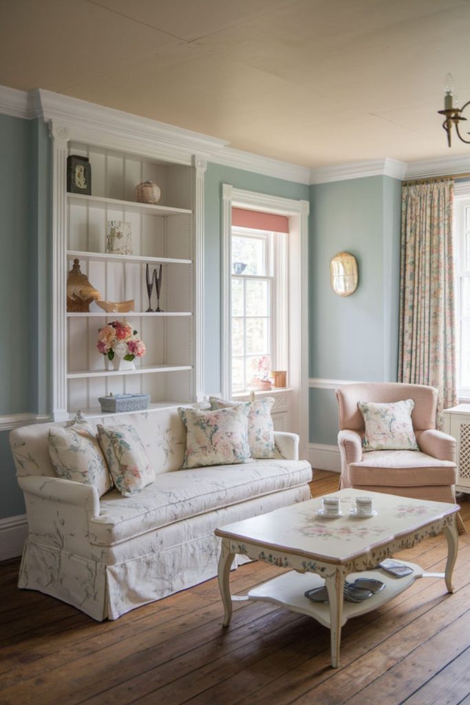 Cottage floral warmth with pastel charm.