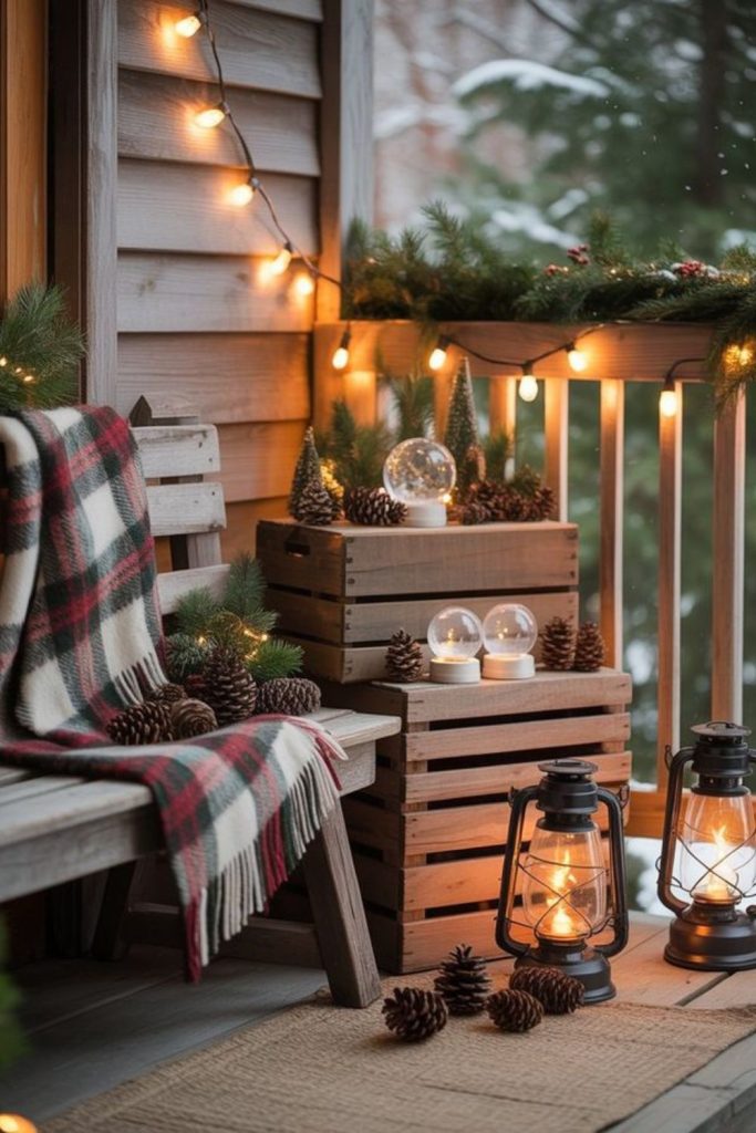 Country plaid farmhouse porch arrangement.