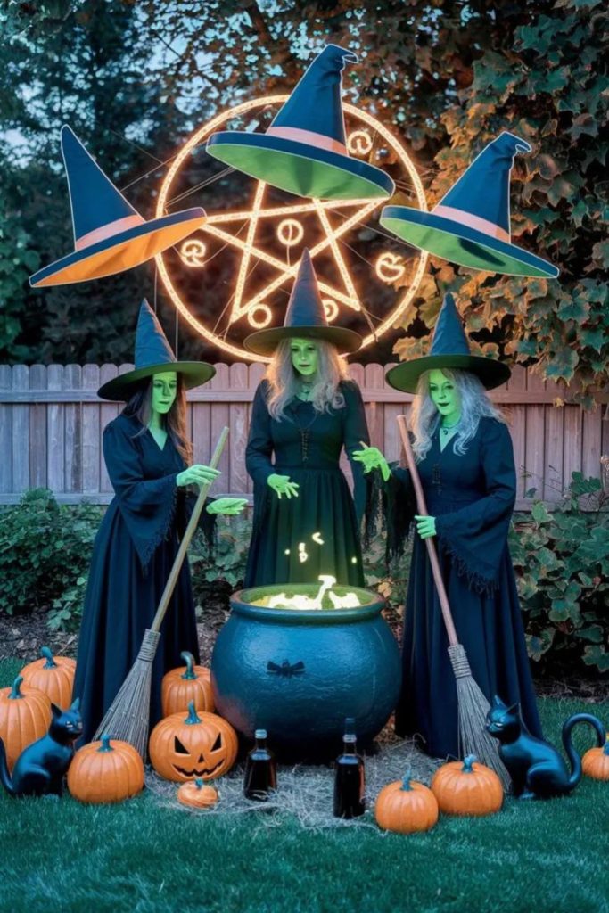 Three witches stirring cauldron in yard