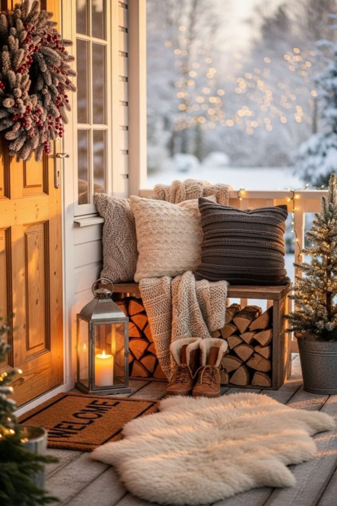 Cabin-style porch with wood stove glow.